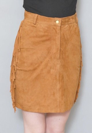 VINTAGE 1970'S 'BELFE & BELFE' TAN SUEDE FRINGED MINI SKIRT