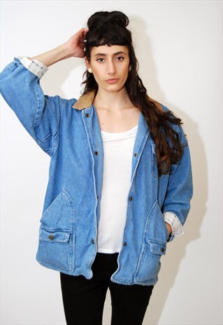 VINTAGE DENIM JACKET (XL) JEAN 90S COAT LINED HARRINGTON