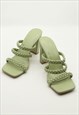 PLATED BLOCK HEELED MULES IN GREEN