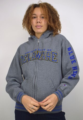 VINTAGE 90S CHAMPION GREY BLUE 'DELAWARE' ZIP HOODIE