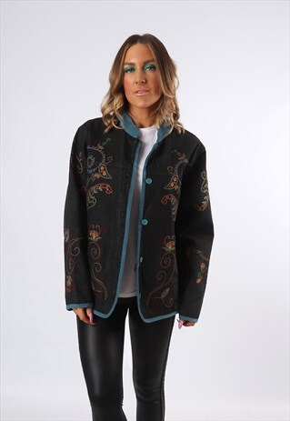 DENIM JACKET EMBROIDERED OVERSIZED FITTED UK 14 (D3C)