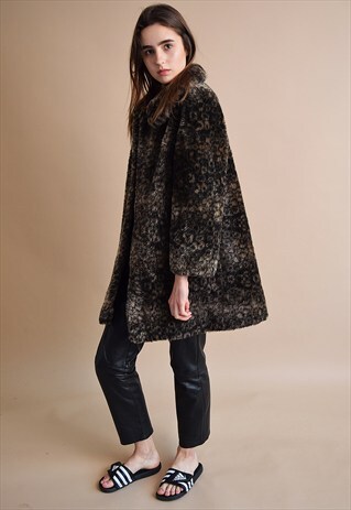 70'S RETRO FAUX FUR LEOPARD PATTERN SWING COAT