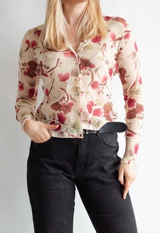 VINTAGE 90S GRUNGE MESH SHIRT IN FLORAL PATTERN
