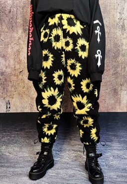 Sunflower fleece joggers handmade Daisy pants floral bottoms