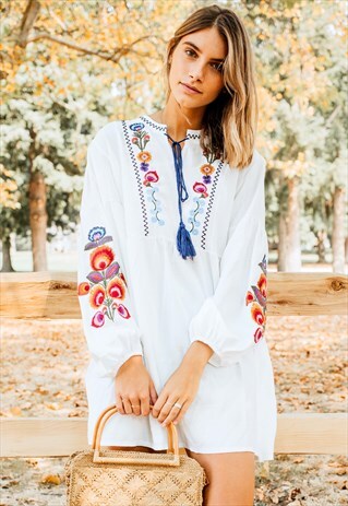 BOHO EMBROIDERY DRESS - WHITE
