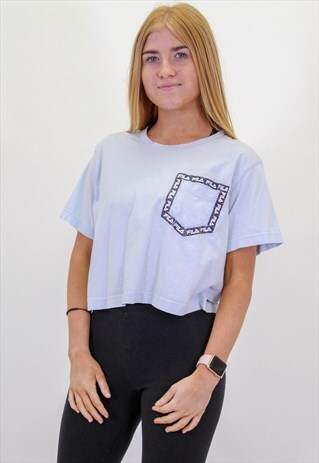 VINTAGE FILA SPELL OUT CROP TOP T-SHIRT IN BLUE MEDIUM