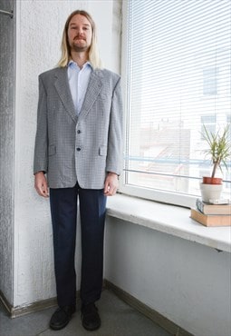 Vintage Checked Grey Wool Blazer Jacket