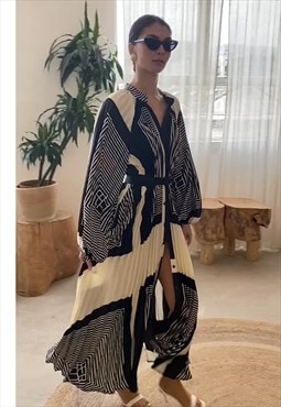 Black and White Scarf print Full pleated long Shirt dress