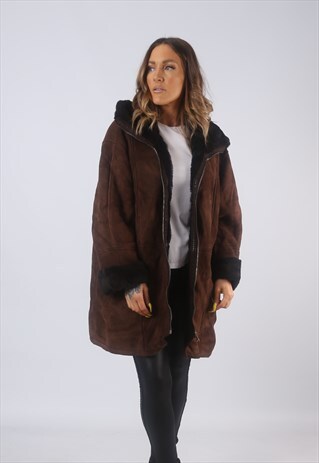 VINTAGE SUEDE SHEEPSKIN SHEARLING COAT HOODED UK 16 XL (B3E)