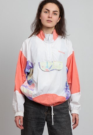 VINTAGE WHITE PINK REEBOK 1/4 ZIP PULLOVER JACKET