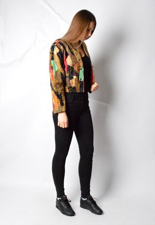 VINTAGE 90S EMBROIDERED PATCHWORK CROPPED LEATHER JACKET