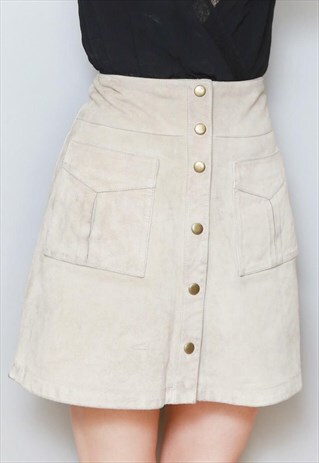 VINTAGE 1990'S BUTTON FRONT BROWN SUEDE MINI SKIRT