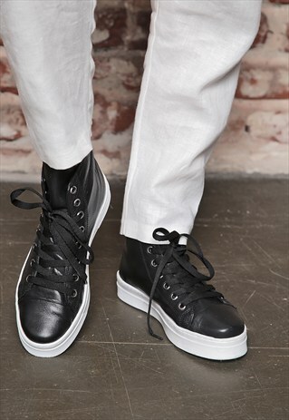 LACE SNEAKERS / HIGH TOP SNEAKERS / BLACK WHITE SHOES /