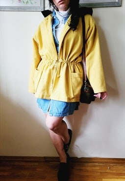 90s vintage yellow woolen hooded oversized coat 