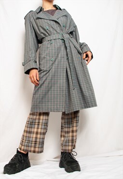 Vintage Trench Coat 80s Chunky Plaid Overcoat in Grey