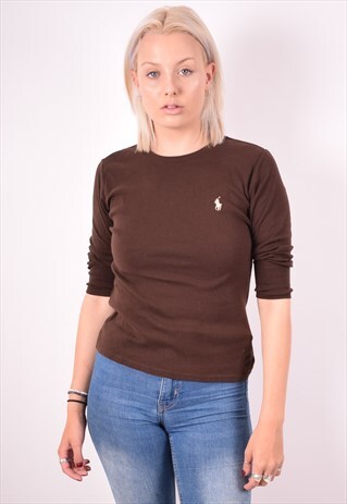 RALPH LAUREN WOMENS VINTAGE TOP 3/4 SLEEVE MEDIUM BROWN 90S