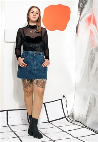 VINTAGE DENIM SKIRT 80S REWORKED CROPPED GRUNGE SKIRT