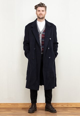 VINTAGE 80'S MEN WOOL BLEND MAXI COAT IN NAVY