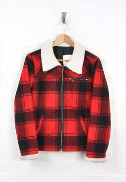 Vintage Checked Sherpa Jacket Red Ladies Small