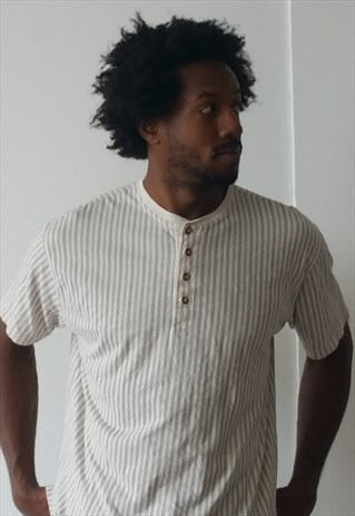 90S PREPPY SKATER LUXURY VERTICAL STRIPE HENLEY TEE XXL