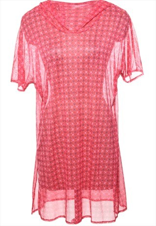 Vintage Geometric Print Pink Hooded Sheer Dress - L