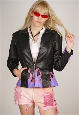 Hand Painted Leather Jacket (S) vintage black flame fire diy