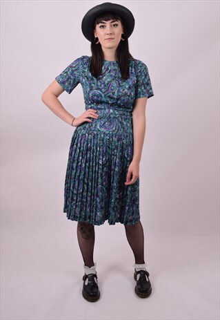 VINTAGE 70'S BLUE & GREEN CRAZY PRINT GRANNY DRESS 8 10 12