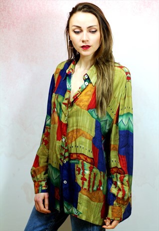 1990S VINTAGE GREEN PATTERNED OVERSIZED VISCOSE BLOUSE