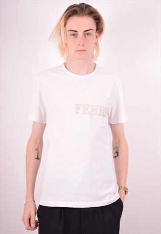 FERRE MENS VINTAGE T-SHIRT TOP LARGE WHITE 90S
