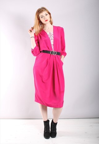 VINTAGE 80S FUCHSIA PINK LACE FRONT MIDI DRESS