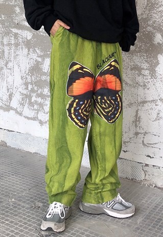 BUTTERFLY GRAFFITI BLEACHED CORDUROY OVERALLS GRADIENT PANTS