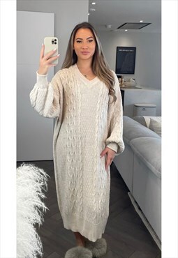 V Neck Maxi Knitted Jumper Dress In Stone