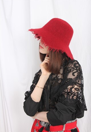 (KOREAN) RAW EDGED WOOLLY HAT RED
