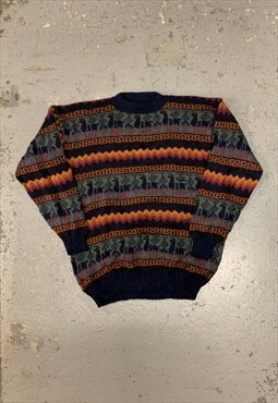 Vintage Abstract Knitted Jumper Llama Patterned Grandad Knit