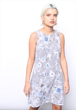 VINTAGE 90S GREY FLORAL PRINT MINI DRESS