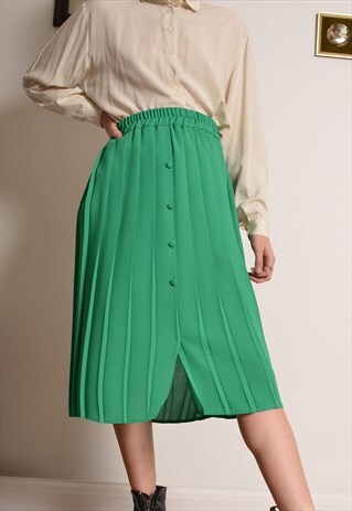 VINTAGE 80S CHIFFON BUTTON SKIRT WITH PLEATS IN GREEN