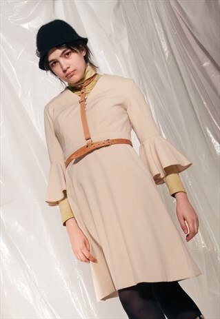 VINTAGE FRILL DRESS 70S GOLD BEIGE HIPPIE BELL SLEEVE DRESS