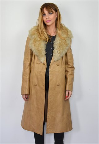 VINTAGE 70S PENNY LANE CAMEL BEIGE LEATHER FAUX FUR COAT