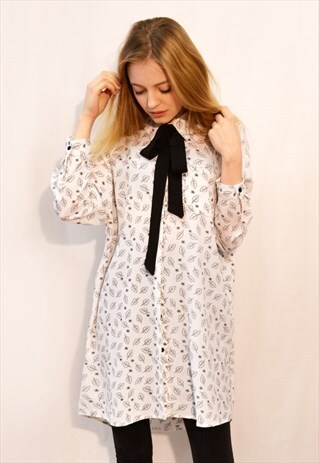 EXCEPTIONAL MULTI LEAVES PRINT OVERSIZED SHIRT DRESS WHITE