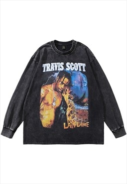 Travis Scott t-shirt vintage wash top rapper print long tee