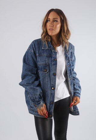 VINTAGE DENIM JACKET OVERSIZED PRINT LINED UK 16 XL (82B)