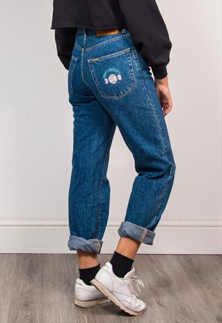 90'S VINTAGE DARK BLUE DENIM HIGH WAIST MOM JEANS