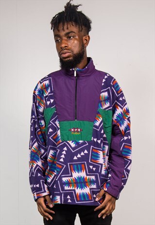 VINTAGE 90'S PURPLE CRAZY PATTERN QUARTER ZIP FLEECE JUMPER