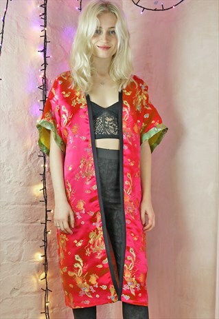 LONG KIMONO IN RED SATIN WITH CHINESE DRAGONS