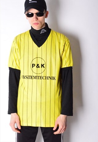 VINTAGE 90S YELLOW STRIPED SPORTS T-SHIRT