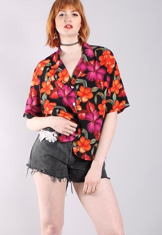 VINTAGE 90S HAWAIIAN FLORAL PATTERNED OVERSIZE SHIRT TOP