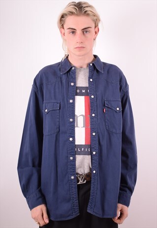 LEVI'S MENS VINTAGE DENIM SHIRT XL NAVY BLUE 90S
