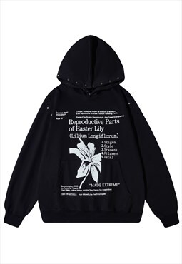 Punk hoodie flower print pullover grunge jumper in black