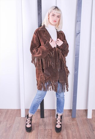 VINTAGE 70S BROWN SUEDE TASSEL FRINGED JACKET. OVERSIZED