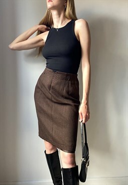 Vintage 80s Brown Wool Knee Length Skirt Size Small